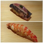 鮨 さかい - ◆上：鹿児島・出水の鯵・・・ブランド鯵だそうですが、肉厚ですねぇ。 冷たくして出されるので、より旨みを感じ秀逸。 ◆車海老・・これも立派な品。もちろん美味しい。