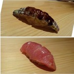 鮨 さかい - ◆上：蝦蛄（石狩）・・主人寄ると瑞々しさを感じる美味しい蝦蛄だそう。 ◆下：私は蝦蛄が苦手だとお伝えしましたら「大トロのづけ」が出されました。 なんか得した気分。＾＾