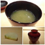 鮨 さかい - ◆上：青海苔とメカブのお椀。 ボタン海老の頭と甘海老の頭で出汁を撮られていますが、いいお味ですよ。 ◆左下：べッタラ漬け。