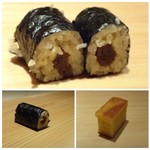 鮨 さかい - ◆上：干瓢巻・・私には食べやすいように2つにカットしてくださいました。 ◆下：芝海老と大和芋の玉子焼・・少し甘めでフワフワ食感。