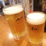 くつろぎ亭ひこべえ  - 生ビール　大（息子）　中（我輩）