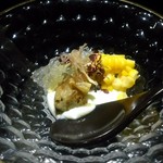味あら井 - 前菜 　宮崎産まるなす、空豆の白あえ、秋田産ジュンサイのゼリー、トウモロコシ