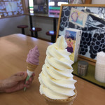 道の駅 花かげの郷まきおか - ソフトクリーム320円。白桃、巨峰味を選択。個人的には白桃の方が自然なお味かと。