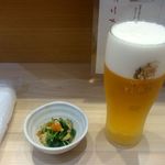 つきぢ神楽寿司 - お通し：320円、生ビール：650円