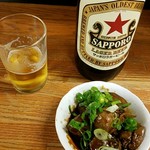 銀座屋  - 赤星350円＋鶏肝煮250円共に税別