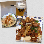 Chinka Saibou - 生ビール、棒棒鶏、鶏肉とカシューナッツの炒め物の三点セットで980円（税別）