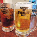 焼肉 白雲台 - 3人で食べたいものをいろいろ注文しました。
      まずは、かんぱ～い！
      ボキはビール、ちびつぬはウーロン茶だよ。