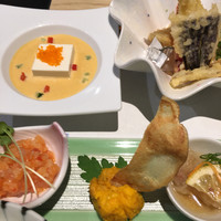 すき焼き 牛しゃぶ 松重 - 天ぷらには穴子､お豆腐の下はパプリカのポタージュ