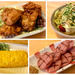 Nidaim Ehamatani Shokudou - 若鶏の唐揚げ（5個 580円）、豆腐と香味鶏のサラダ（480円）、だし巻き玉子（450円）、雲仙ポークハムの炙り焼き（380円）