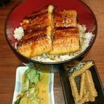 宇奈とと - うなぎダブル丼
            食べちゃったけど…手前左が「うなざく」だった。右が「骨せんべい」