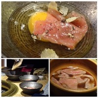 焼肉 龍園 西中洲店 - ＊割り下でお肉をサット茹で、卵に入れ上からトリュフをスライスしてかける贅沢な品。 お肉も柔らかく、これは美味しい。