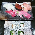 にぎり長次郎 - いか柚子胡椒(期間限定)・サーモン三昧　496円