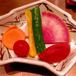 熊本串焼 ノ木口 - お通しの野菜。トマト味噌が美味しい。