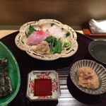 はらまさ - お造り、鮟肝ソース、海苔