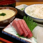 Fukagawa Mokichi - 麦とろ定食に刺身付きの茂吉定食