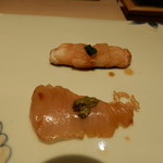 鮓 きずな - お造り：アマテガレイ，明石産真鯛，鰆漬け，太刀魚漬け，スミイカ