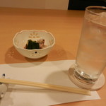 寛 - お通し＆麦焼酎（佐藤）