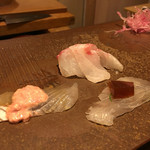 鮓 きずな - 明石の鯛、アマテカレイ 肝乗せとポン酢ジュレ