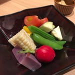 Hanayagi - スナップエンドウ、ピュアホワイト、アメーラトマト、紫芋、ラディッシュ、人参、水茄子