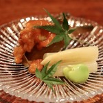 にしぶち飯店 - ワタリガニ紹興酒漬けとホワイトアスパラ、空豆