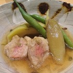 鴨の治部煮、賀茂ナス、ミョウガ、いんげん