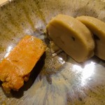 鮨 はしもと - アンキモ，牡蠣の味噌漬け