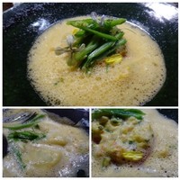 リョウリヤ ステファン パンテル - ◆ブイヤベースソースを使用したお料理。 中にはトマトに海老をのせオーブンで焼いた品と、ブイヤベースソースで煮こんだジャガイモがありこれも美味しい。 モロッコインゲン・水菜などが添えられています。
