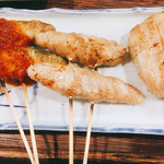 Yasai Niku Maki Gu Shigu Shiken - 野菜肉巻串。左からアボカド、ミョウガ、れんこん。