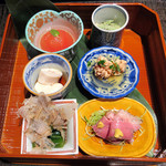 竹ざき - 5】八寸:フルーツトマト こごみクルミ合え 鯛の白子 鴨ロース 万願寺おひたし 鯛の子