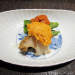 竹ざき - 8】アワビ 雲丹 このこ炙り アスパラ