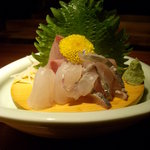 山吹 - ●御造り３種。美味しかった、甘めの醤油に合う。