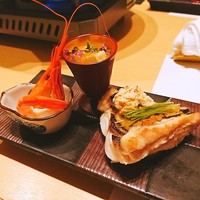 小料理なごみ - 昆布森産シマエビ、水茄子の出汁ジュレ、イサキ味噌焼き