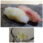 TTOAHISU - ◆アオリイカと甘鯛お昆布〆・・アオリイカは丁寧に包丁が入り、ねっとり感を感じて美味しい。 甘鯛の昆布〆は軽い〆ですので、甘鯛本来の旨みを感じます。これも美味。 ◆下は「ガリ」