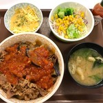 すき家 - 料理写真:なすアラビアータ牛丼特盛税込720円　チーズトッピング税込140円　サラダセット税込150円　合計税込1,010円