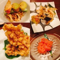 中島康三郎商店 - 空豆と牛蒡の素揚げ、白えびのかき揚げ、明太子、とうもろこしかき揚げ（左上より時計周り）