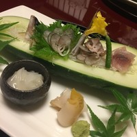 名古屋 浅田 - ■向付
                鮎洗い鮎背越し烏賊と鮎真子うるか和え大梅貝