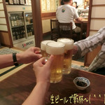 Yamameya - 先ずは生ビール(中/700円)で乾杯〜( ^ ^ )/□ お通しはひじきの煮物♪