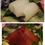 大どころ - ◆上：糸島のアオリイカ・・程よいネットリ感があり美味しい。 ◆下：ニンニク醤油に漬けた「歯鰹」・・これ美味しい。歯鰹の旨みとニンニク風味がよく合っています。