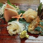 味楽 ゆめり - 110222石川　ゆめり　刺身盛り合わせ（かわはぎ肝和え、ガンド、やりいか、平目、がすえび、はちめ、鯖）