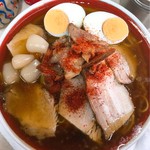 天神そば - W（ダブル）玉子入りです。一味唐辛子をかけて、らっきょうをと一緒に食べます。（2017.6 byジプシーくん）