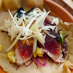 イル　フェリーチェ - 仙巌園「偉人たちが愛した薩摩郷土料理」「日海丸の日帰りカツオのたたき　桜チップの瞬間燻製」