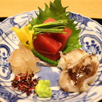 御幸町 田がわ - お造り　舞鶴の炙りとり貝　きす昆布〆　鮪