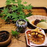 御幸町 田がわ - 八寸　岩魚山椒煮　玉蜀黍かき揚げ　破竹・蛸・大根炊合せ　他