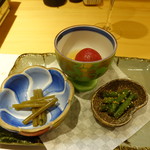 柳家錦 - みずのお浸し、トマト、いんげんの胡麻味噌和え