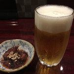 いいお酒 一彩 - ウエルカムビール⁉︎ ＆ 付き出し（ホタルイカの沖漬け）