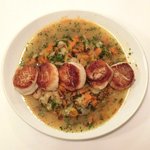 ラミティエ - 本日のランチ 1200円 のホタテのポワレ ガルビュール添え(野菜と生ハムと白インゲン豆の煮込み)(+100円)