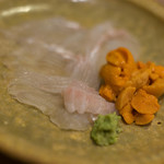 うを徳 - 豊後（ぶんご）城下鰈（しろしたかれひ）四百八十匁（≒1.8kg）＋利尻（りしり）の蝦夷馬糞海膽（えぞばふんうに）