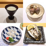 銀座 すし四季 - 1.ゆば豆腐の冷製
      2.貝の旨煮
      3.ホシガレイのお造り*
      4.生ガキ*