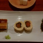 蕎麦 ろうじな - 酒肴３種盛り　穴子煮こごり　明太湯葉巻き　万願寺唐辛子とじゃこ