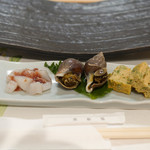 鮨山吹 - 玉子焼き、アオリイカ、バイ貝